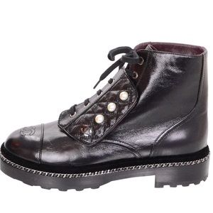 CHANEL  CC Logo Calfskin Combat Boots In Black With Faux Pearls Accents Size: 38